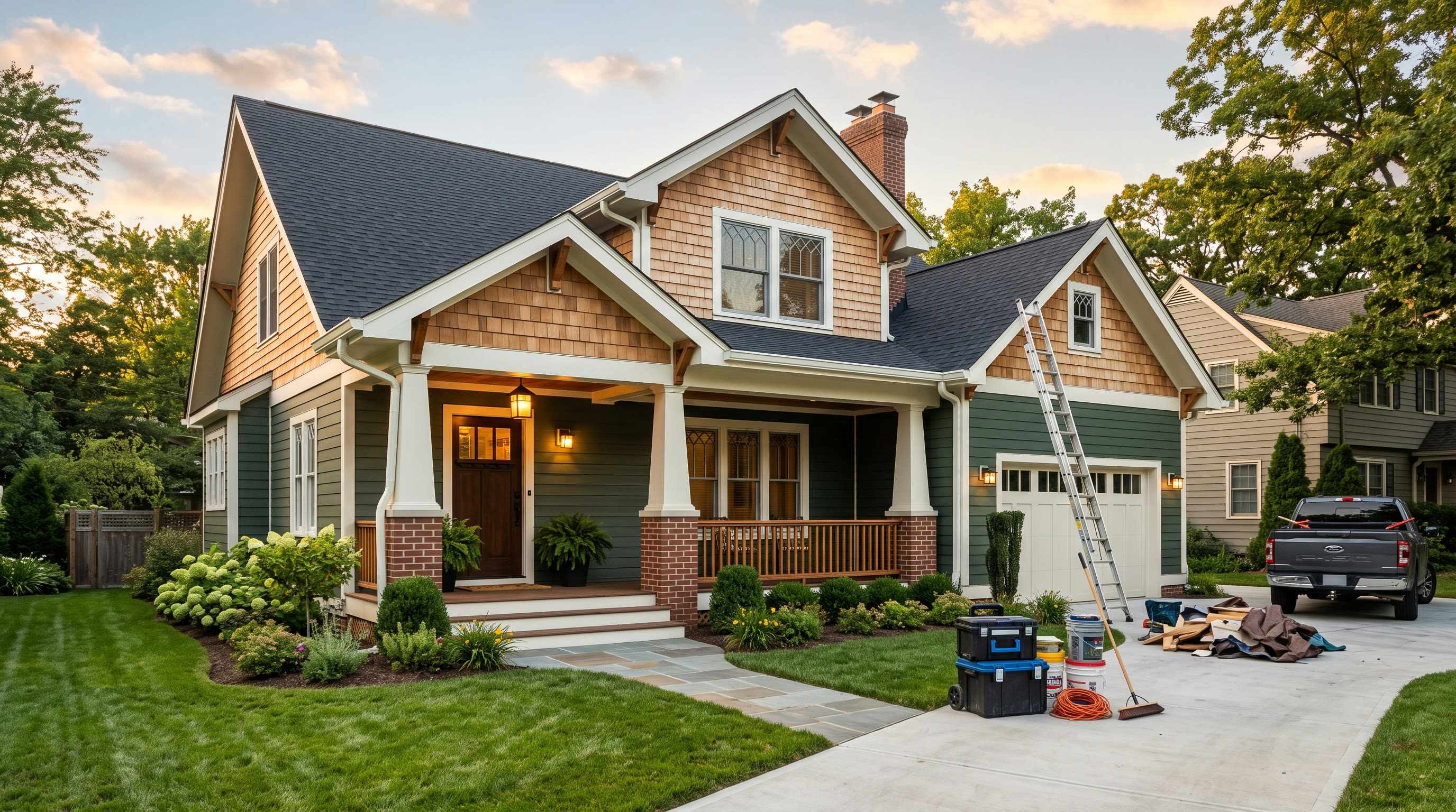 Renovated craftsman home glowing at golden hour