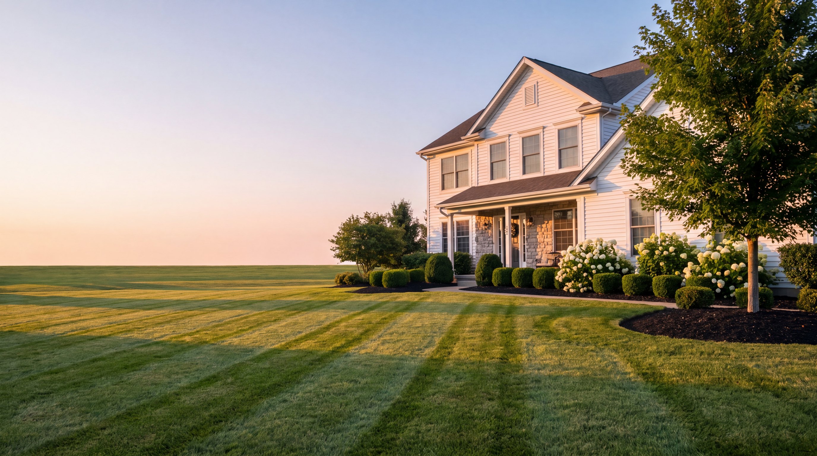 Freshly mowed striped lawn in front of a well kept Ohio home at golden hour