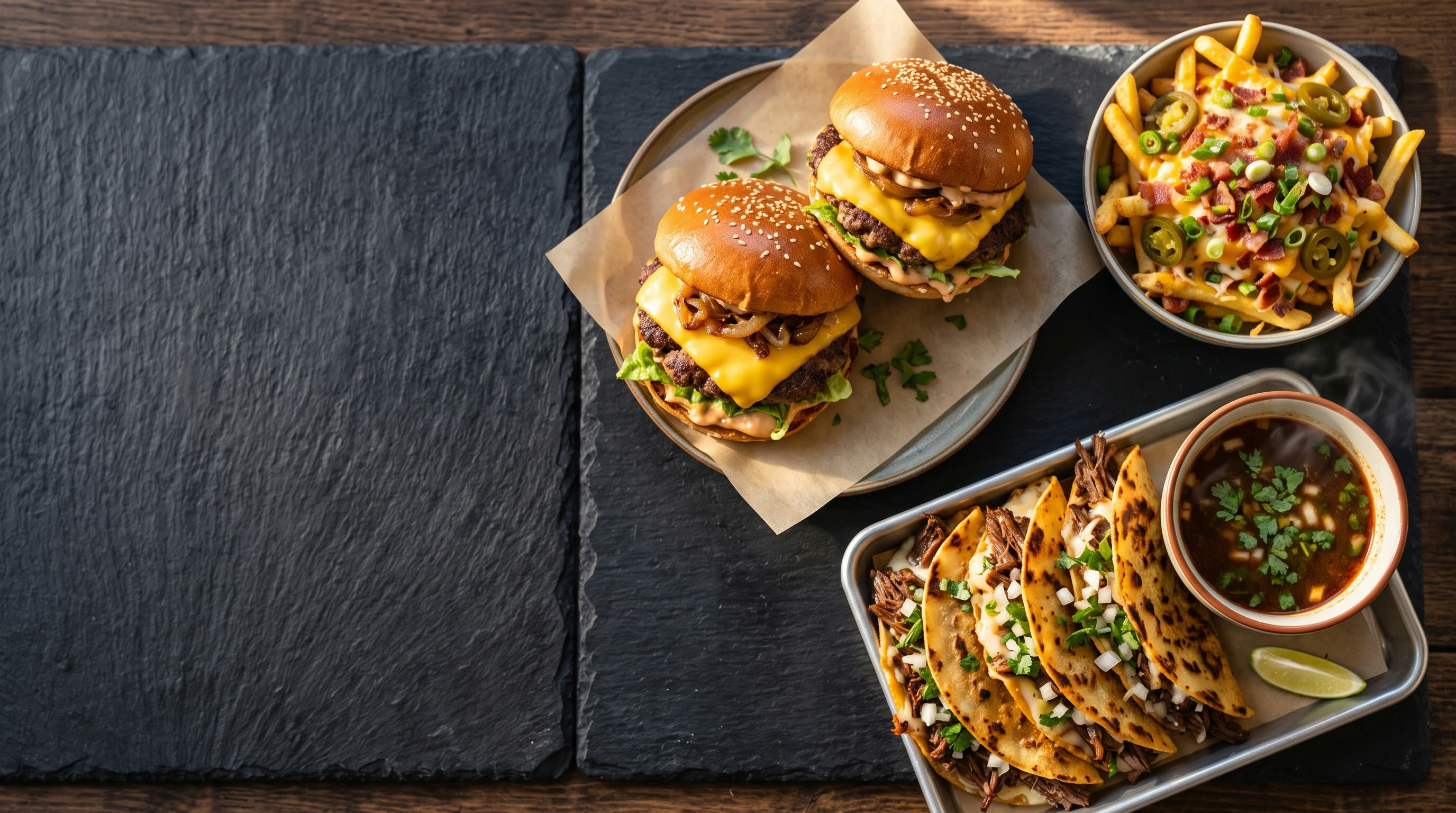 Overhead spread of smash burgers, street tacos, and loaded fries on The Daily Grill counter