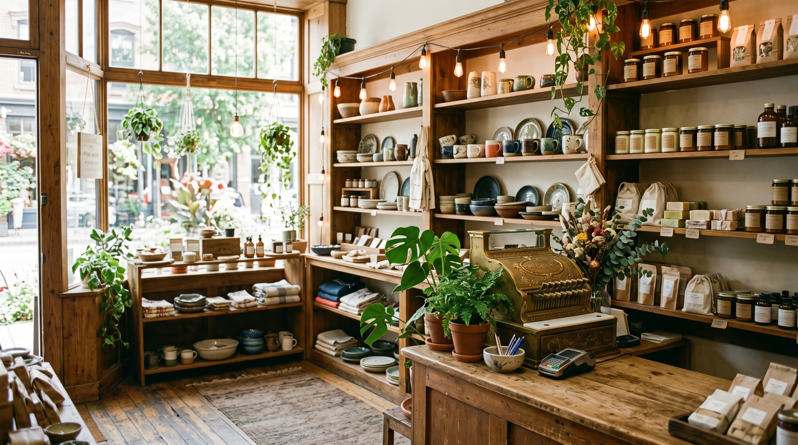 Inside Maple St. Market, warm daylight over wooden shelves of local goods